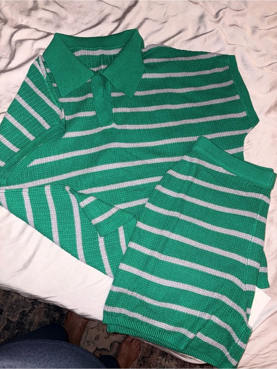 Amazon Pants - Green and gray Striped Knit Polo Top